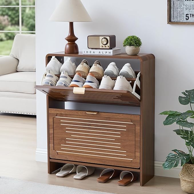 Narrow Shoe Cabinet, Wood Shoe Rack for Entryway with 2 Flip Drawers, Mid-Century Modern Slim Shoe Storage Cabinet Freestanding Hidden Shoes Organizer for Foyer, Hallway (Walnut, 27.56'')