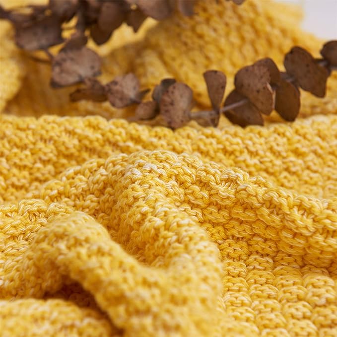 Longhui bedding 100% Cotton Knitted Throw Blanket – Yellow, Soft & Cozy, Machine Washable, 60"x80" – Perfect for Living Room, Couch, Sofa, Bed or Travel