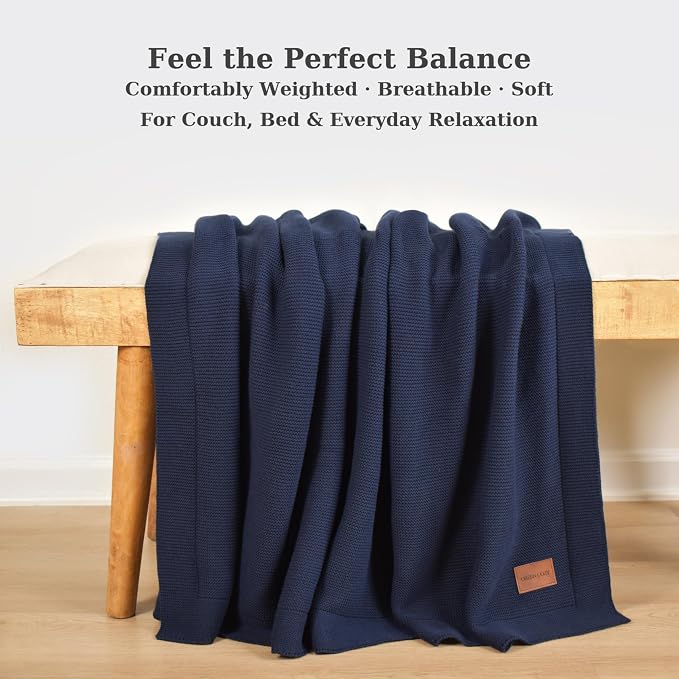 100% Cotton Knitted Throw Blanket – Oeko-TEX® Certified, Breathable & Soft, 50" x 60" – Substantial All-Season Blanket for Couch, Bed, Home Décor and Gifting - 2 lb (Navy Blue)