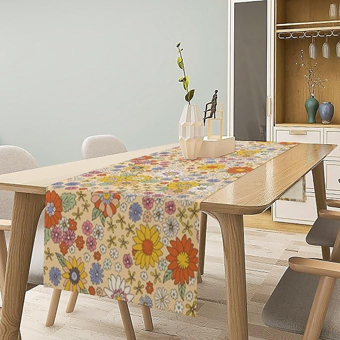 Retro Floral Table Runner Boho 70s Style Vintage Flower Hippie Groovy Abstract Pattern Dinner Runner for Home Kitchen Dining Table Party Decor 13"x90"