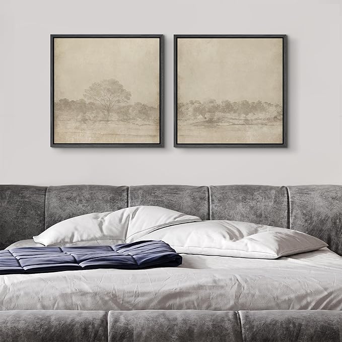 SIGNFORD Framed Canvas Print Wall Art Set Vintage Sepia Forest Landscape Neutral Toned Tree Scene Illustrations Modern Art Minimal Relax/Calm for Living Room, Bedroom, Office - 16"x16"x2 Black