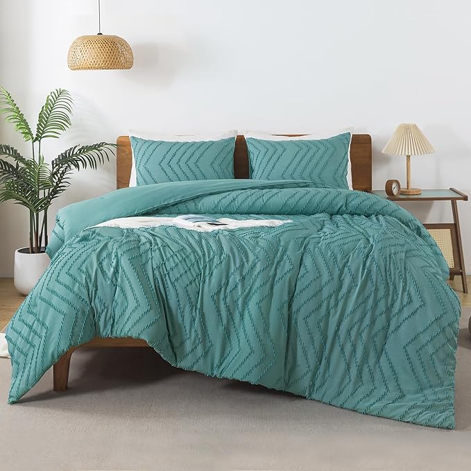 Andency Grayish Teal Comforter Set Full Size, Boho Soft Warm Bedding Comforter Sets for Full Bed, 3 Pieces Vintage Chevron Tufted Aesthetic Comforter Set