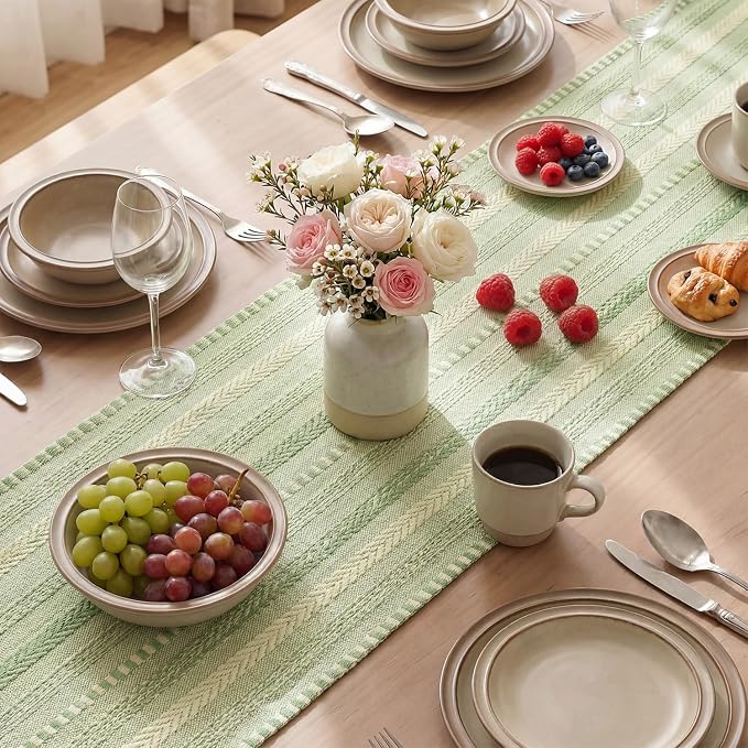 Artoid Mode Sage Green Farmhouse Woven Table Runner, Seasonal Holiday Rustic Kitchen Dining Table Decoration for Home Party Decor 12x48 Inch