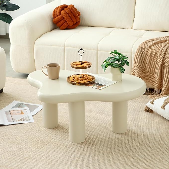 34"(L) Cloud Coffee Table, Modern Wood Coffee Table for Living Room, Accent Center Tables with 3 Legs, Small Tea Tables for Balcony, Patio, Bedroom, Cream White