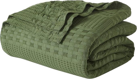 VHC Brands 100% Cotton Waffle Weave Twin Blanket 66"x90", Decorative Lightweight Spring and Summer Throw Blanket, Bedroom Decor for Bed, Couch, or Sofa, Olive Green
