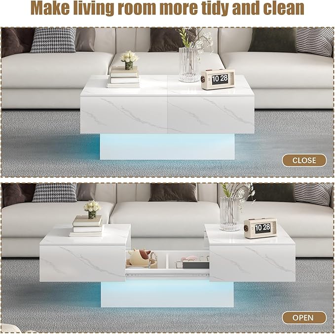 White Marble Modern Coffee Table with Hidden Storage for Living Room, Living Room Table Rectangular Center Tables Sliding Top with LED Lights, Wooden Cocktail Table for Reception Room