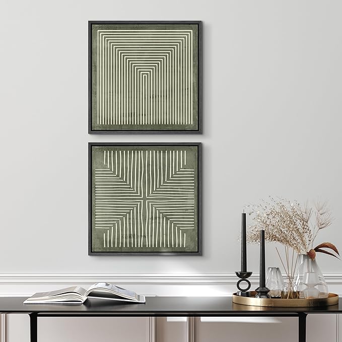 SIGNFORD Framed Canvas Print Wall Art Set Green and White Geometric Maze Illustrations Modern Art Minimal Relax/Calm for Living Room, Bedroom, Office - 24"x24"x2 Black