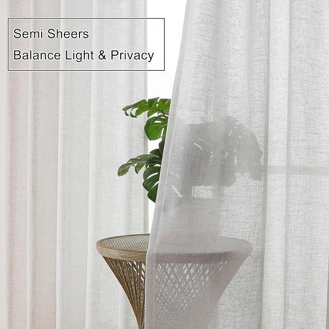 Ivory Linen Semi Sheer Curtains 90 Inches Long, Flax Light Filtering Curtains & Drapes for Bedroom, White Oatmeal Window Treatments, Retro Farmhouse Pinch Pleat Ceiling Curtain with Hooks