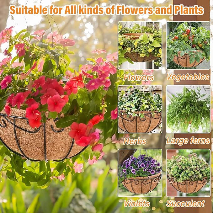 Legigo 2 Pack 10 Inch Metal Hanging Baskets for Plants Outdoor- Round Wire Hanging Planters Basket with Coconut Coir Liner, Hanging Flower Pot for Outdoor Plants Flowers Garden Decorations