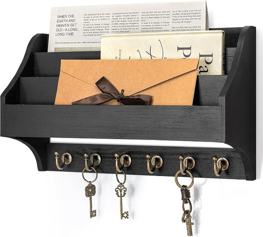 Rebee Vision Pine Wood Key Holder Wall Mount - Hanging Mail Holder for Wall with Key Hooks & 3-Tire Letter Slots - Multifunctional Wall Key Holder for Home Decor (Black)