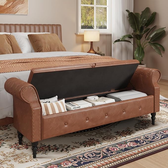 FiveWillowise 65" Bedroom Bench with Storage,Faux Leather Bed Benches with Tufted Buttons,Large Upholstered Storage Bench with Rolled Arms and Nailhead Trim for King Size End of Bed,Entryway,Brown