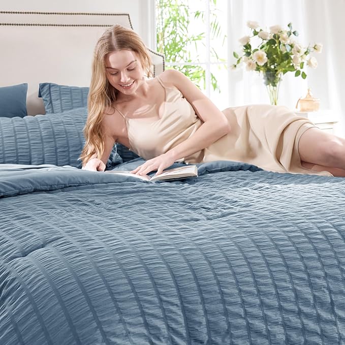 CozyLux Twin Comforter Set with Sheets 5 Pieces, Grayish Blue Seersucker Textured Bed in a Bag, Dusty Blue Luxury Soft Bedding Set with Down Alternative Comforter, Sheets, Pillowcase & Sham All Season