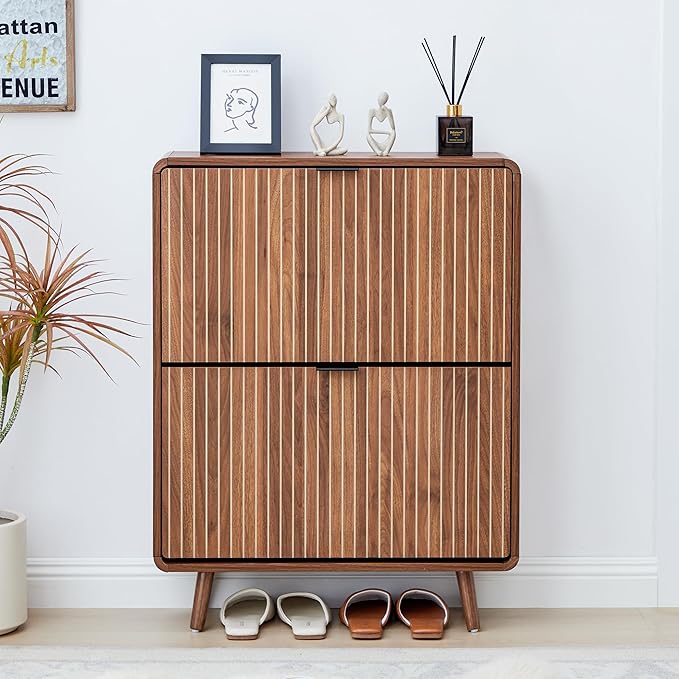 FurSch Fluted Shoe Cabinet Storage for Entryway,Slim Shoe Cabinet with 2 Flip Drawers, Narrow Shoes Rack Organizer (All Walnut, 2 Drawers)