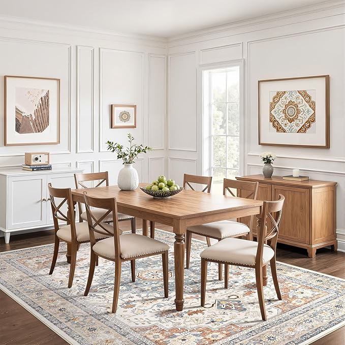 8x12 Area Rugs Living Room: Washable Boho Large Neutral Vintage Soft Rug Stain Resistant Distressed Farmhouse Non-Slip Indoor Floor Carpet for Bedroom Nursery Kids Office Dining Room- Beige Blue