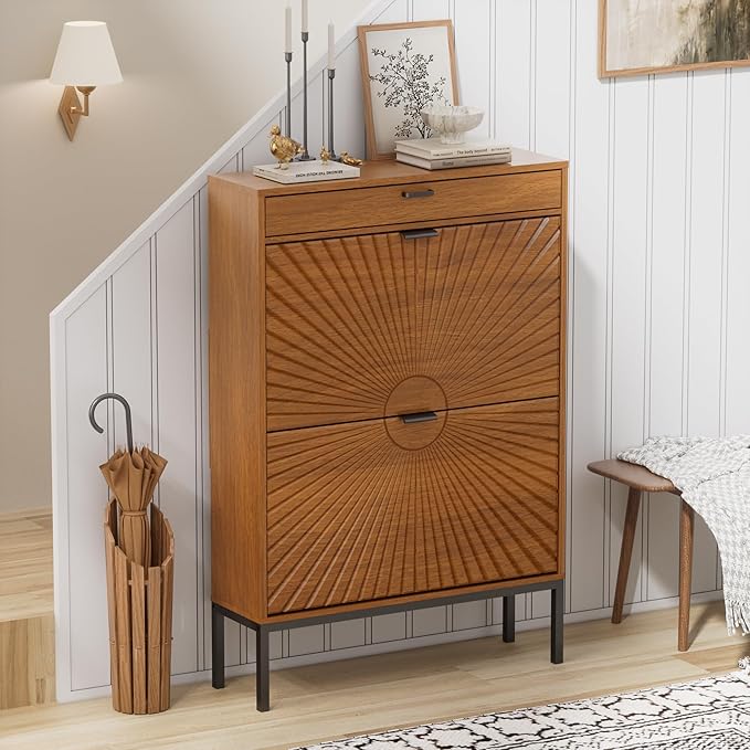 Brafab Shoe Rack Storage Organizer, Shoe Storage Cabinet with 2 Flip Drawers&1 Small Drawer, Slim Entryway Shoe Organizer with Sun Pattern Doors,Walnut
