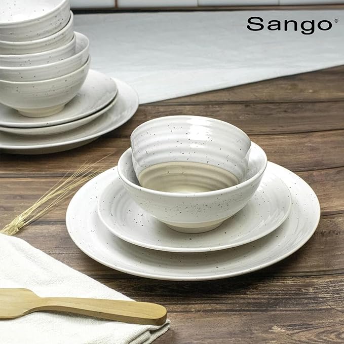 Sango Siterra 16-Piece Rustic White Stoneware Dinnerware Set – Service for 4, White with Glossy Speckle Overlay, for Everyday Dining & Entertainment, Microwave & Dishwasher Safe