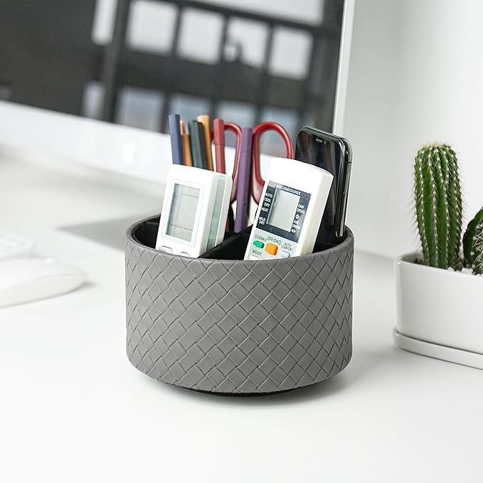 Round Leather Art Supply Organizer,Remote Control Holder,360 Degree Spinning,Multi-Functional Pencil Holder,4 Compartments Desktop Stationary Organizer(1-Weave Grey)