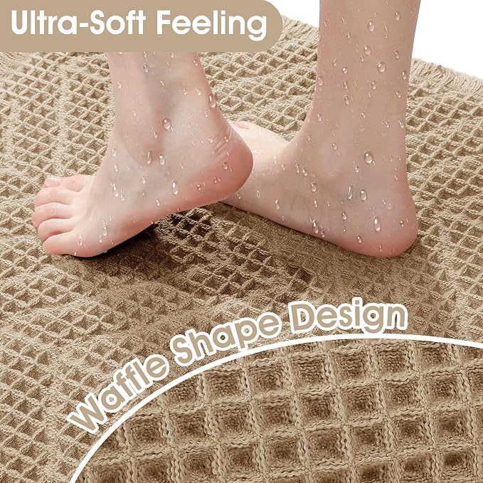 Upgraded Waffle Bath Mat Set 2 Piece Beige-Herringbone, Super Absorbent Non-Slip Quick Dry Bathroom Rugs with Tassels, Machine Washable Ultra Soft Boho Bath Rugs, Toilet Mats Boho Farmhouse Decor