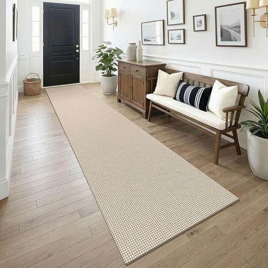 KOZYFLY Cotton 2.5'x14' Runners Rugs for Hallway, Long Washable Runner Rug, Woven Non Slip Kitchen Runner, Flatweave Entryway Rug, Floor Carpet for Entry, Aisle, Hall, Ivory/Camel/Brown