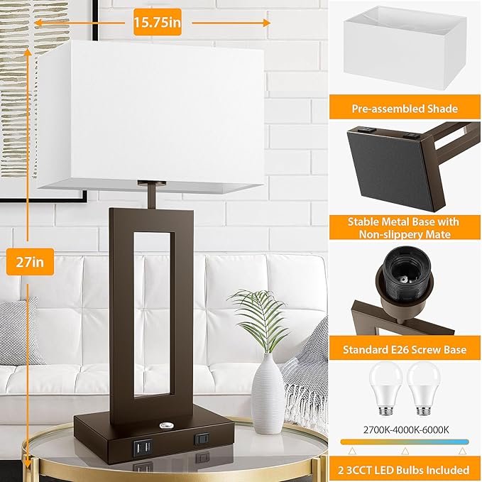 27.2’’ Tall Brown Table Lamps for Living Room Bedroom, Bedside Touch Control Lamps with 2 USB Ports&AC Outlet, 3 Color Temp.&Stepless Dimming Desk Lamp Sets for Home Office, Pre-assembled White Shade