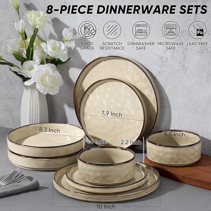 E-far 8-Piece Plates and Bowls Sets with Pasta Bowls - Stoneware Dinnerware Set for 2, Modern Ribbed Dishes, Microwave & Dishwasher Safe, Sandy Khaki