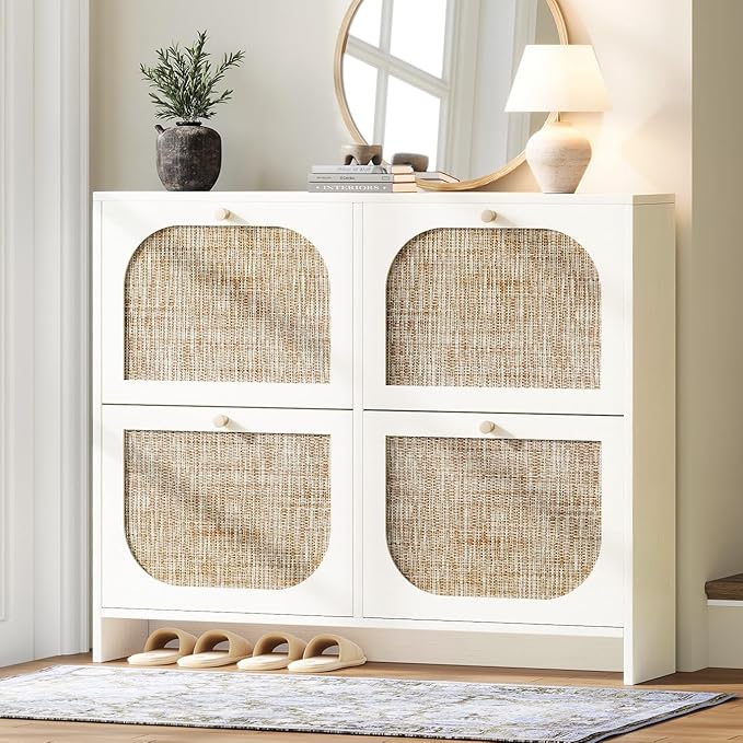 Nicetree Shoe Storage Cabinet for Entryway, Rattan Vintage Flip Shoe Rack- 4 Flip Drawers & 3-Tier Adjustable Shelves,Boho Shoe Organizer for 28-36 Pairs - Fits Size 12 Boots, 9.5" Ultra Slim (White)