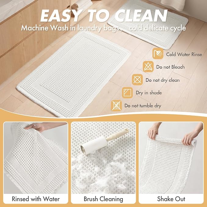 MIULEE Set of 2 Waffle Bathroom Rugs, Boho Bath Rug Super Absorbent, Non Slip Washable Ultra Soft Rubber Backed Shower Bath Mats for Floor, Tub, Shower, Looped Design, White, 17"x24"+18"x30"