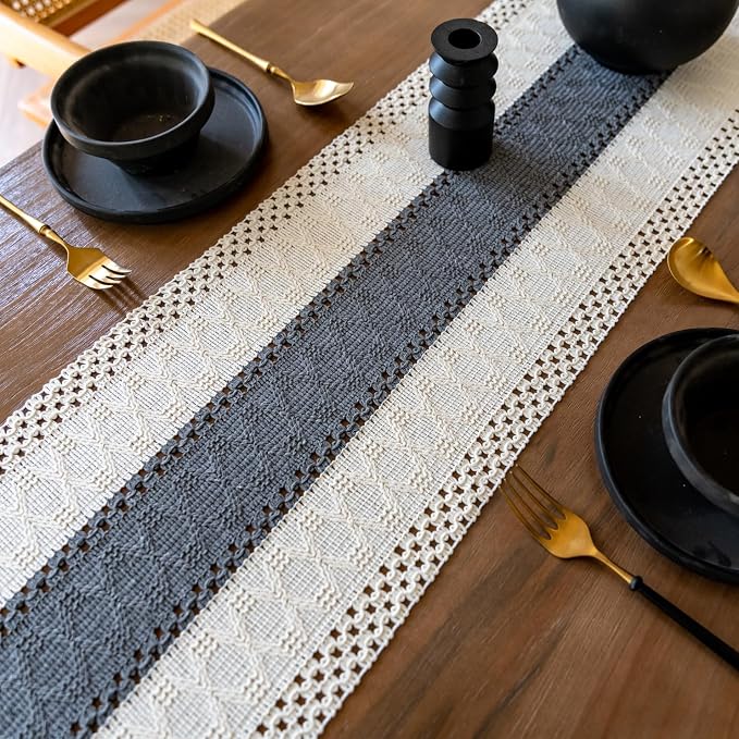 EMMTEEY Boho Table Runner with Tassels- Scratch & Heat Resistant, 108 Inches Long Table Runner Cotton Linen Macrame Handmade for Dining Table/Wedding Décor (12"X108", Grey)