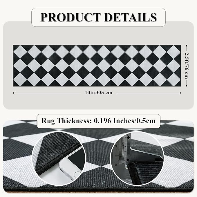 Beeiva Checkered Print Washable Rug Runners for Hallways Non Slip 2.5x10, Ultra Thin Black Kitchen Runner Stain Resistant Hallway Runner Rug 10 ft, Checkerboard Carpet for Bathroom Entryway Decor