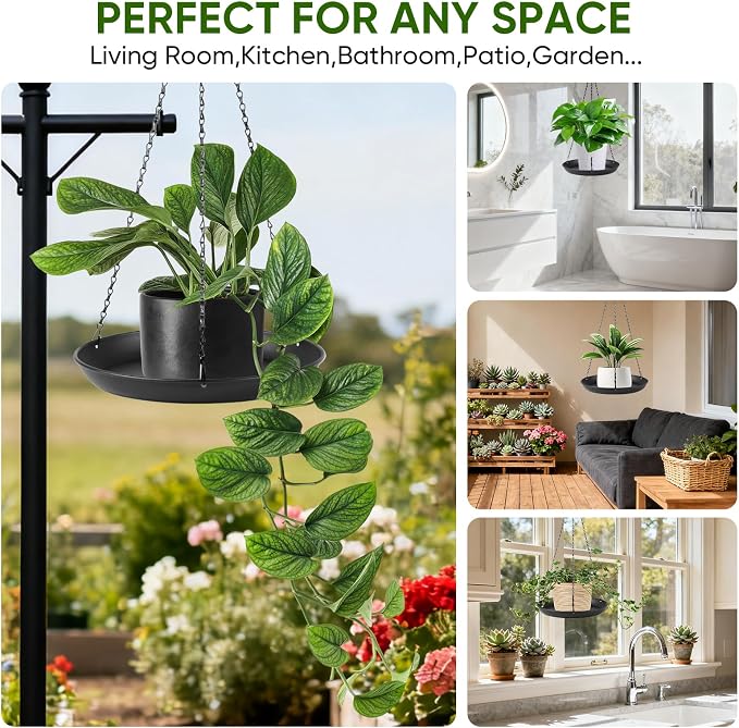 Plant Hanger Indoor Outdoor, 2-Pack Black Metal Hanging Plant Shelf & Window Planter Basket with 9.8/11.8 Inch Trays - Heavy Duty Plant (11.8in-2PCS, 2PACK)