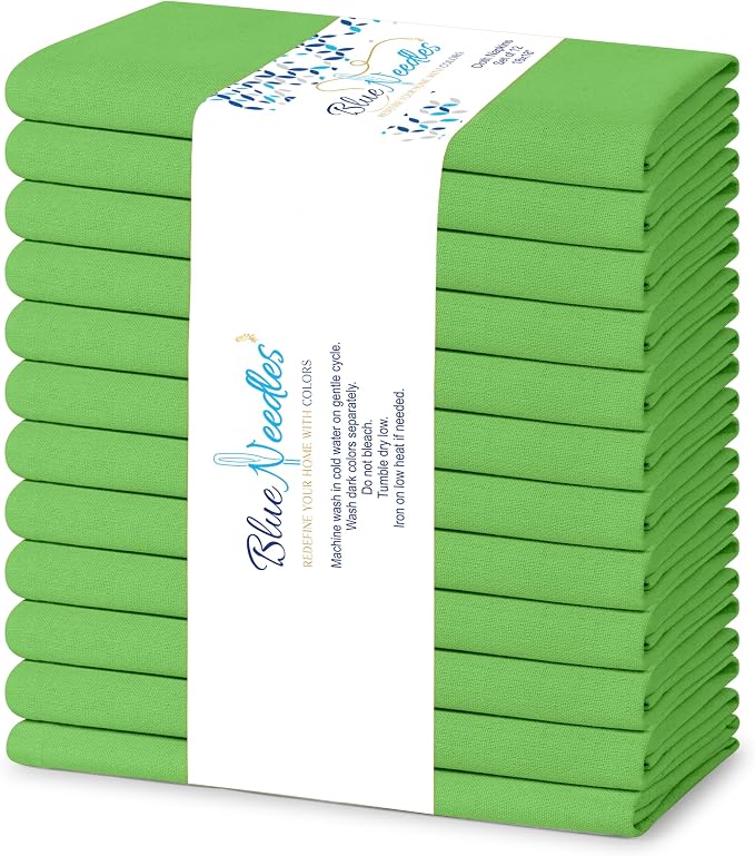 Blue Needles Solid Cloth Napkins Set of 12 Apple Green 100% Cotton Dinner Napkins 18x18 inches, Spring Summer Easter - Soft, Reusable, Absorbent & Washable Linen, Ideal for Parties & Everyday Use