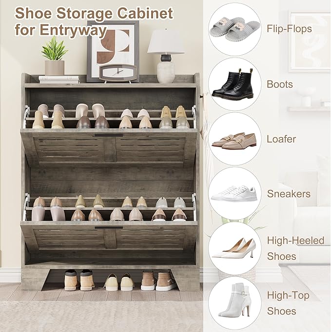 IDEALHOSUE Shoe Cabinet Storage for Entryway, Slim Shoe Storage Cabinet with 2 Flip Drawers, Freestanding Hidden Narrow Shoe Organizer Cabinet with Hooks for Entrance, Foyer, Hallway, Gray