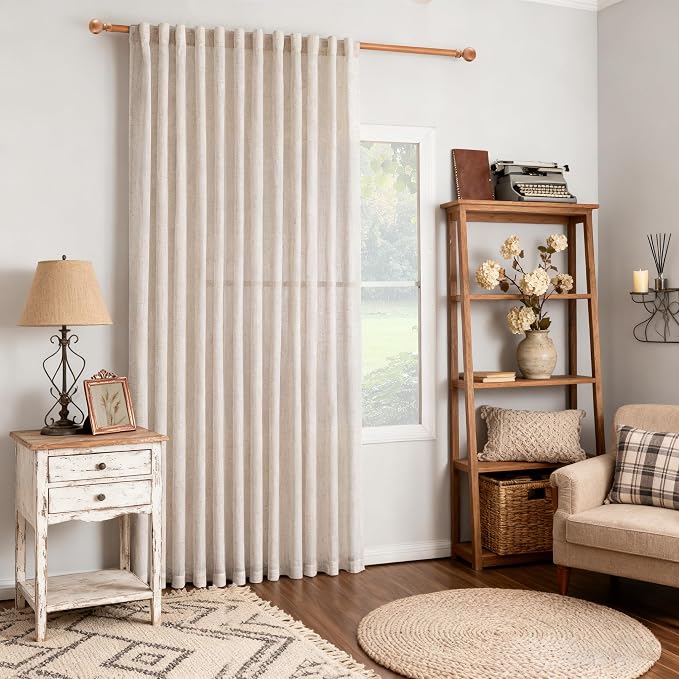 MYSKY HOME Natural Linen Curtains for Bedroom Living Room, Semi Sheer Curtains & Drapes 84 inches Length Farmhouse Country Style Back Tab Draperies for Sliding Glass Door, 100" Wide, 1 Panel