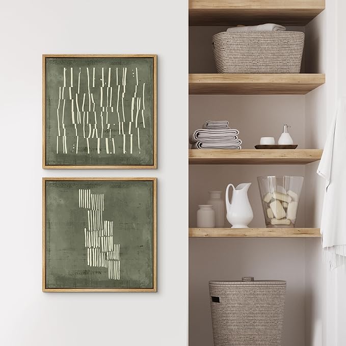 SIGNFORD Framed Canvas Print Wall Art Set Fragmented Lines in Green and White Illustrations Modern Art Minimal Relax/Calm for Living Room, Bedroom, Office - 24"x24"x2 Natural