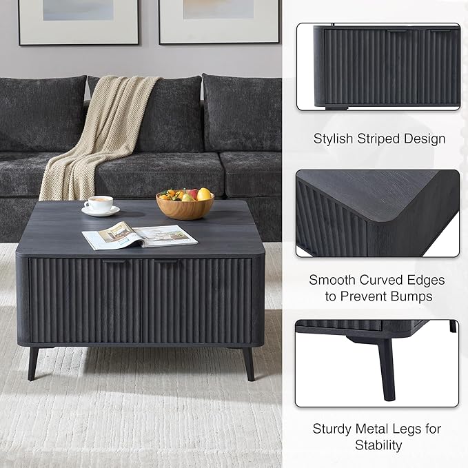 Fatmok Large Lift Top Coffee Table with Hidden Compartment, 35.4" Wide Oversized Square Coffee Table with Storage, Mid Century Modern Fluted Center Table for Home Living Room, Black Grey