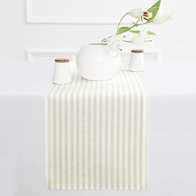 Solino Home Linen Table Runner 90 Inches Long - Amalfi Stripe, 100% Pure Linen Sage and White Farmhouse Table Runner 14 x 90 Inch for Dining, Summer