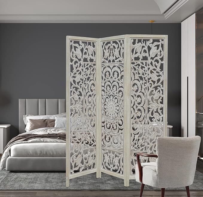 Room Divider Wood Floor Screen - Suzani White Wash 3 Folding Panel 60x72 - Hand Carved Portable Reversible Functional Decorative Screen - Freestanding Boho Small Spaces Privacy Partition -COTTON CRAFT