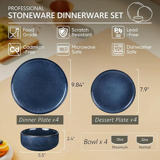 Herogo 12 Pieces Dinnerware Sets Stoneware Service for 4, Dinner Plates and Bowls Sets, Double Reactive Glaze Dishes Set for Kitchen, Scratch Resistant, Microwave & Dishwasher Safe, Starry Blue