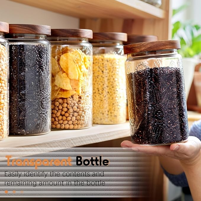 Domensi 6 Pcs Vintage Glass Jars 34 oz Glass Storage Jars with Lids Sunflower Pattern Airtight Storage Containers for Kitchen Counter Pantry Coffee Bean Grains Tea Sugar Flour Candy Oats