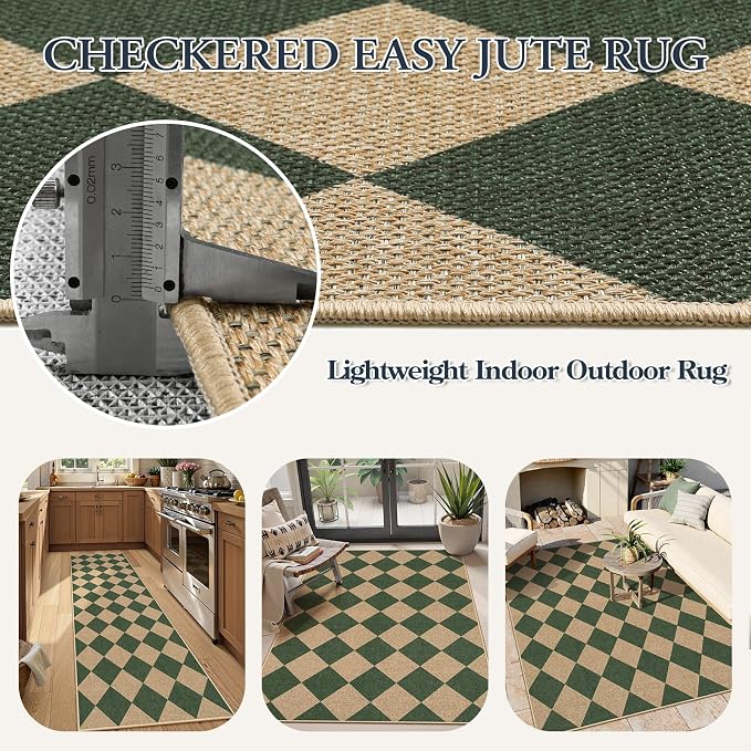 Lahome Colette Checkered Outdoor Rug 5x7, Washable Rug for Living Room Office Indoor Outdoor Carpet, Farmhouse Non Slip Non Shedding Green Carpet for Dining Room Sunroom Patio Courtyard