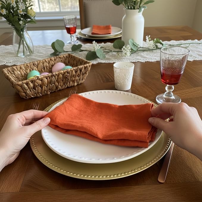 Linen Napkins –100% French Flax – Stonewashed Pure Linen Cloth Napkins - Size 18 Inch x 18 Inch – Set of 4 (Sunset Orange)