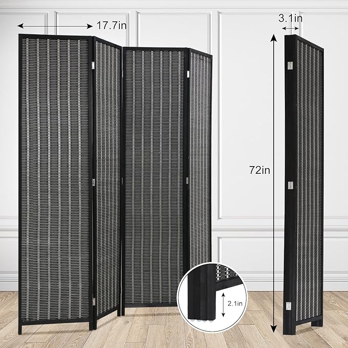 6ft Bamboo Room Divider Folding Privacy Screen 4 Foldable Panels Partition Wall Divider Freestanding Room Dividers Home Portable Partition Screen for Bedroom, Black