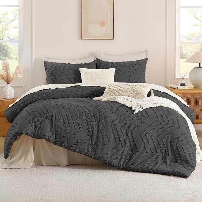 Andency Dark Grey Oversized Super King Plus Comforter Set 128x120, Extra Large King Size Comforter Oversize Boho Soft Warm Bedding Comforter Sets, 3 Pieces Aesthetic Chevron Textured Bedding
