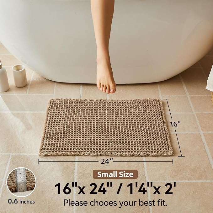 Triohero Waffle Bath Mat, Small Boho Bathroom Rugs Non Slip Washable, Ultra Soft Super Absorbent Quick Dry Farmhouse Bathroom Decor, 16" x 24", Khaki