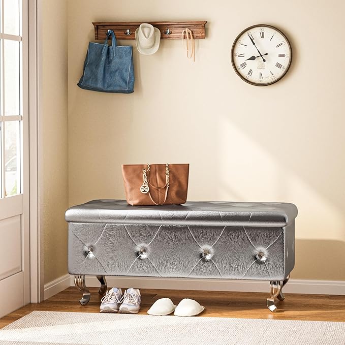 DKLGG Storage Ottoman Bench for Bedroom, Upholstered Entryway Bench with Legs & Safety Hinge, Small Storage Bench for Living Room/End of Bed/Entryway/Window, Silver