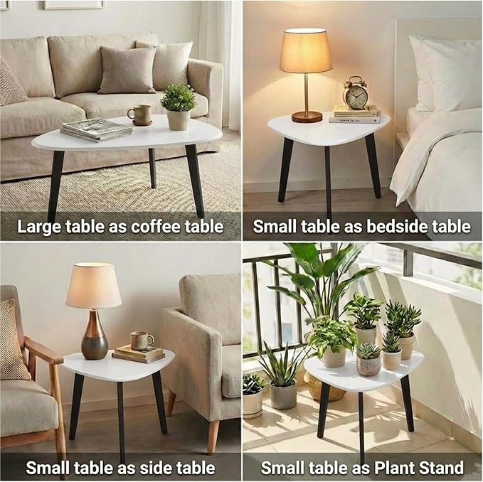 Nesting Coffee Table Set of 2-Mid Century Modern Guitar Pick Stacking Tables with Solid Wood Legs-Waterproof Triangle Center Side End Table for Small Living Room,Apartment,Balcony (White)