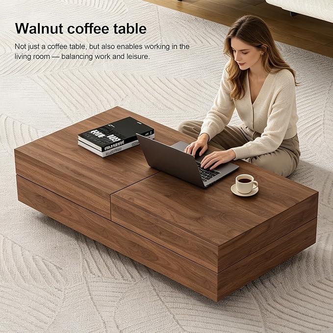 Mid-Century Modern Expandable Coffee Table (47.2"-81.8" Adjustable Centerpiece),Center Table with Large Storage for Living Room Living Rooms, Bedrooms, or Lounge Spaces,Walnut
