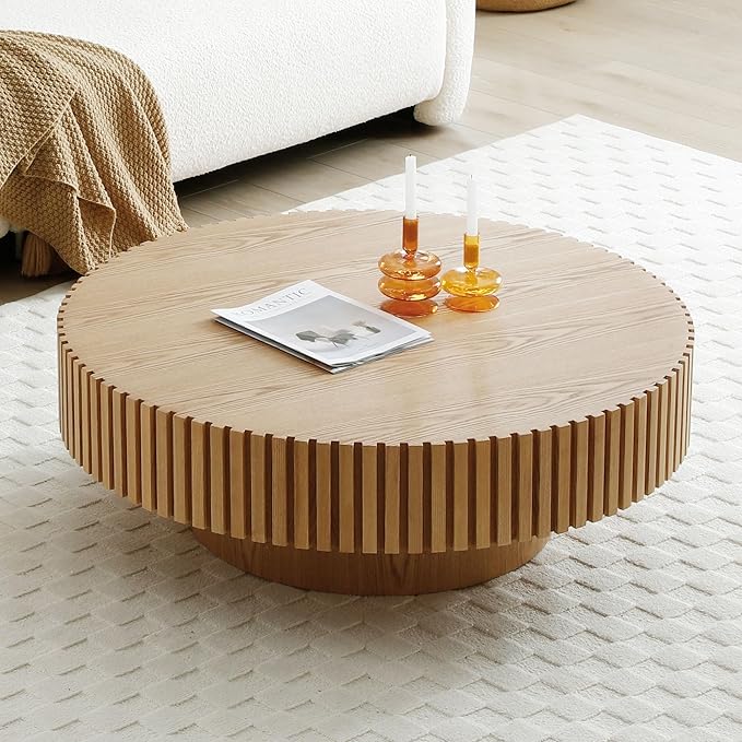 35.43" Circle Coffee Table for Living Room, Modern Round Center Tea Tables Drum Accent Couch End Table for Apartment Office,Minimalist Design with Fluted Side, (ø35.43" x 13.77"H, Oak)