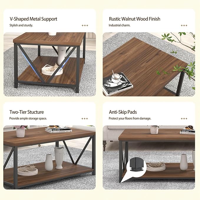 FOLUBAN Coffee Table, Modern Center Table with Storage Shelf, Rustic Wood and Metal Cocktail Table for Living Room, 39.3 Inch Walnut