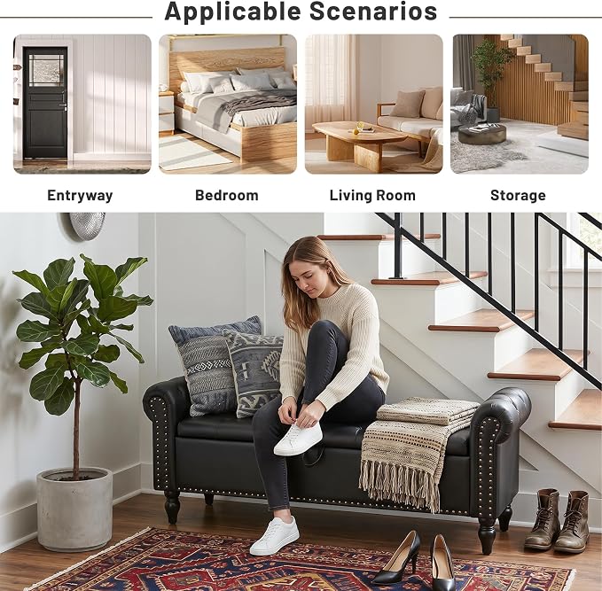 Furniliving 63” End of Bed Bench, Bedroom Bench with Button-Tufted, Upholstered King Storage Ottoman Benches Queen Entryway Bench with Storage Shoe Cabinet Bench, for Bedroom, Black